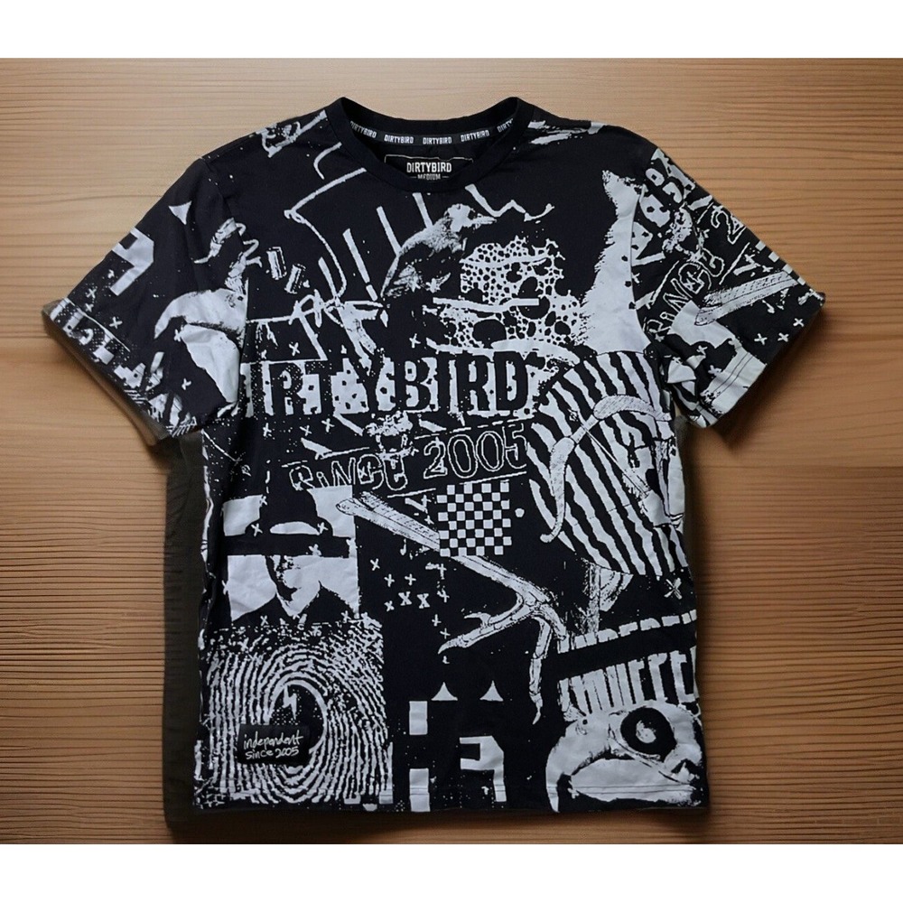 Dirtybird T-Shirt AOP Graphic Y2K Tee Short‎ Sleeve Crewneck Men Sz M Black Rare